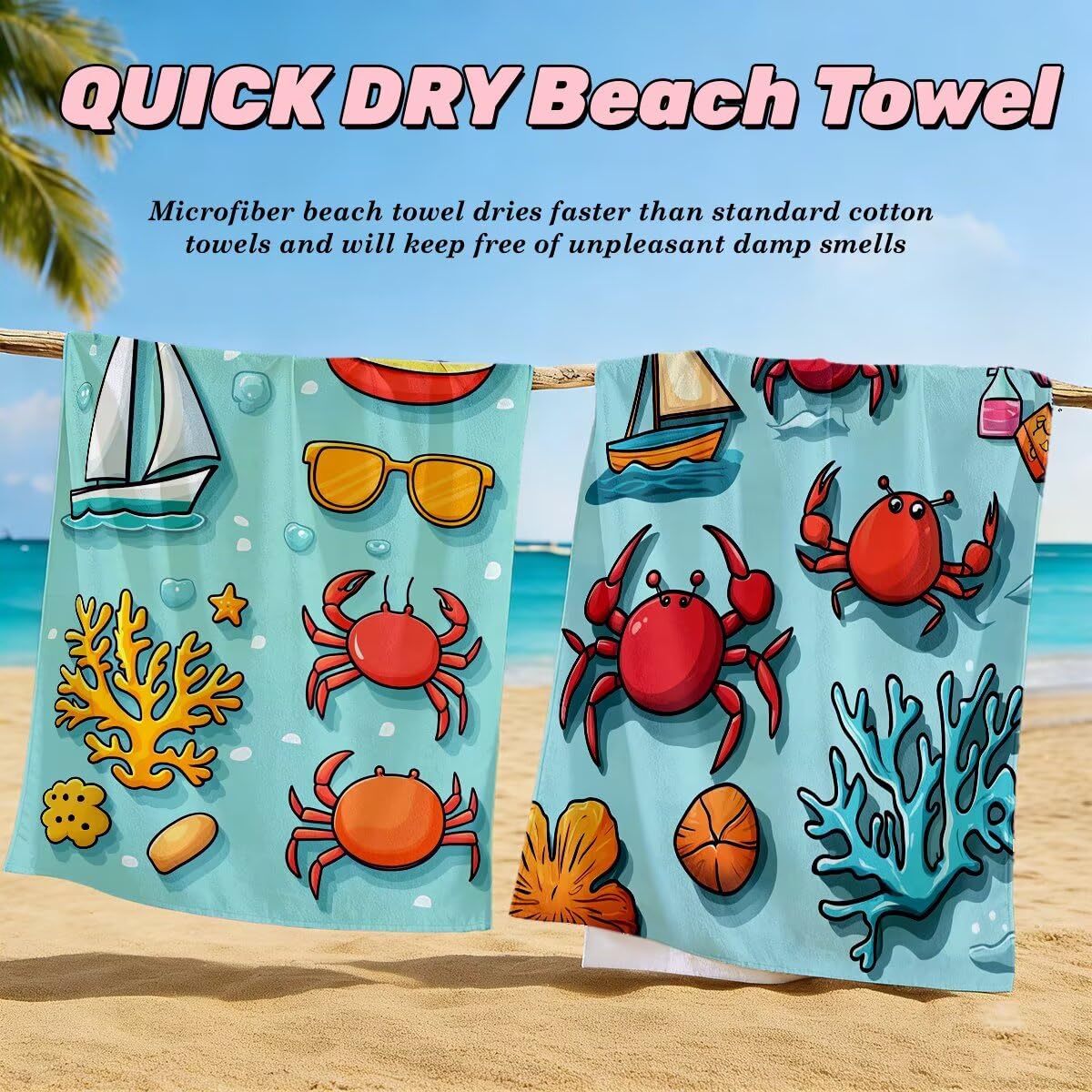Serviette de Plage Microfibre, Lot de 2 Serviette de Bain Grande Taille 90x180 cm, Séchage Rapide Drap de Bain Crabe, Anti Sable Serviettes de Plage, Serviettes Microfibre Sport pour Travel -4778