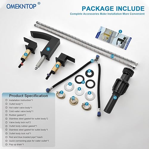 Miniatura 6 de OMEKNTOP Grifo de baño negro mate, 8 pulgadas, cascada, grifo de lavabo de 3 agujeros, grifo de baño negro con drenaje desplegable y manguera, grifo