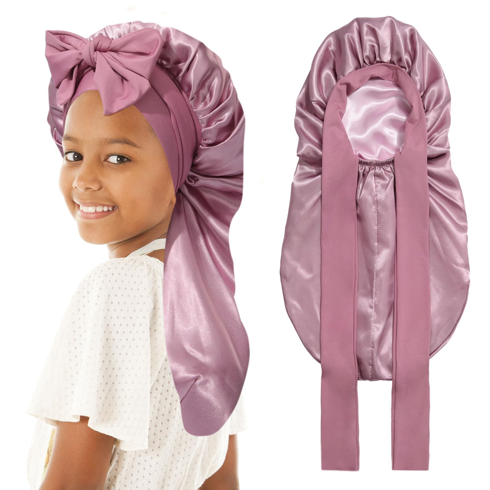 AWAYTR Kids Long Hair Bonnet for Sleeping - Double Layer Girls Elastic Satin Bonnet with Tie Band for Braid Curly Hair