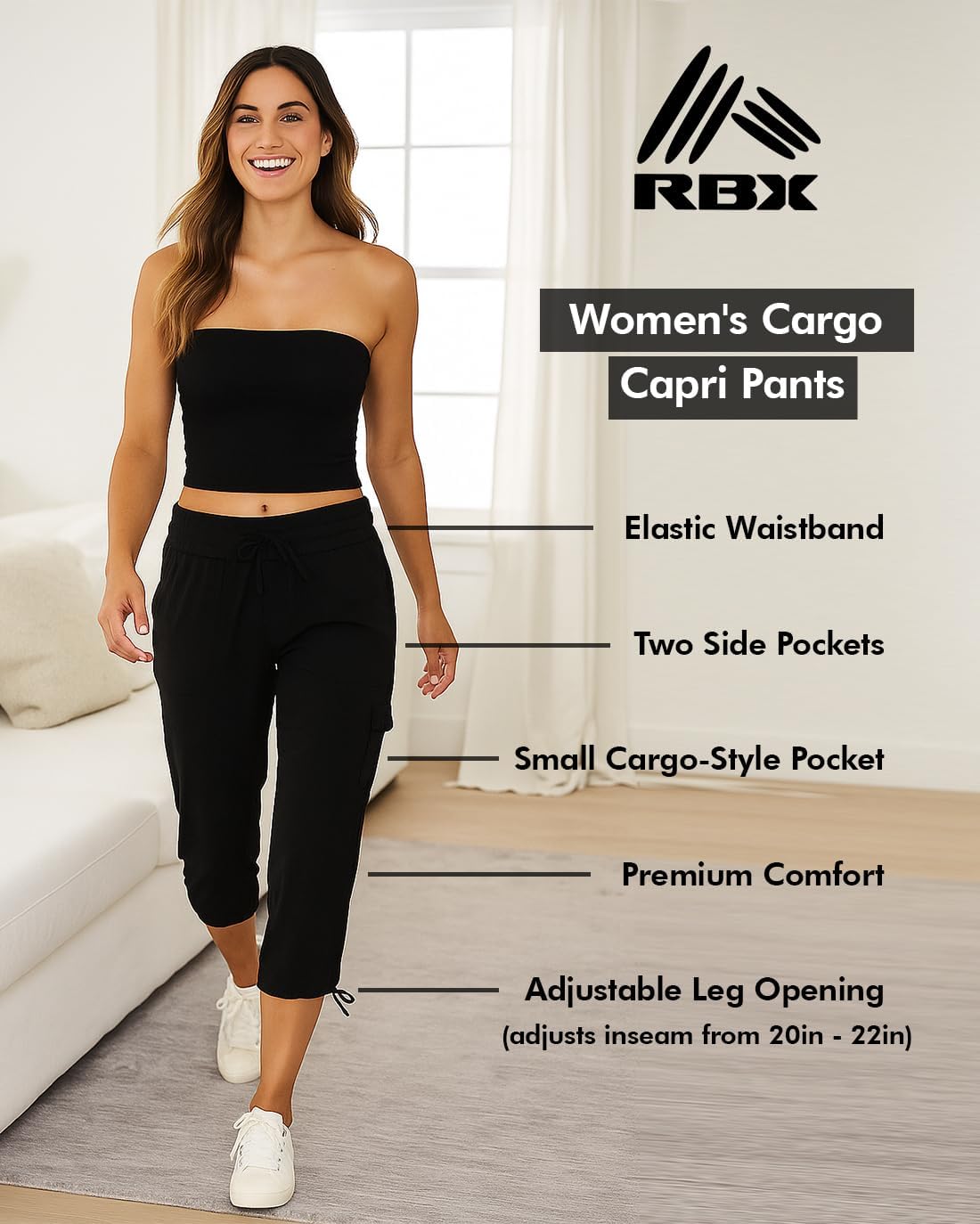 RBX Active Women's Cargo Capri Pant with Pockets Fashion Lightweight Woven with Drawstring - Image 4