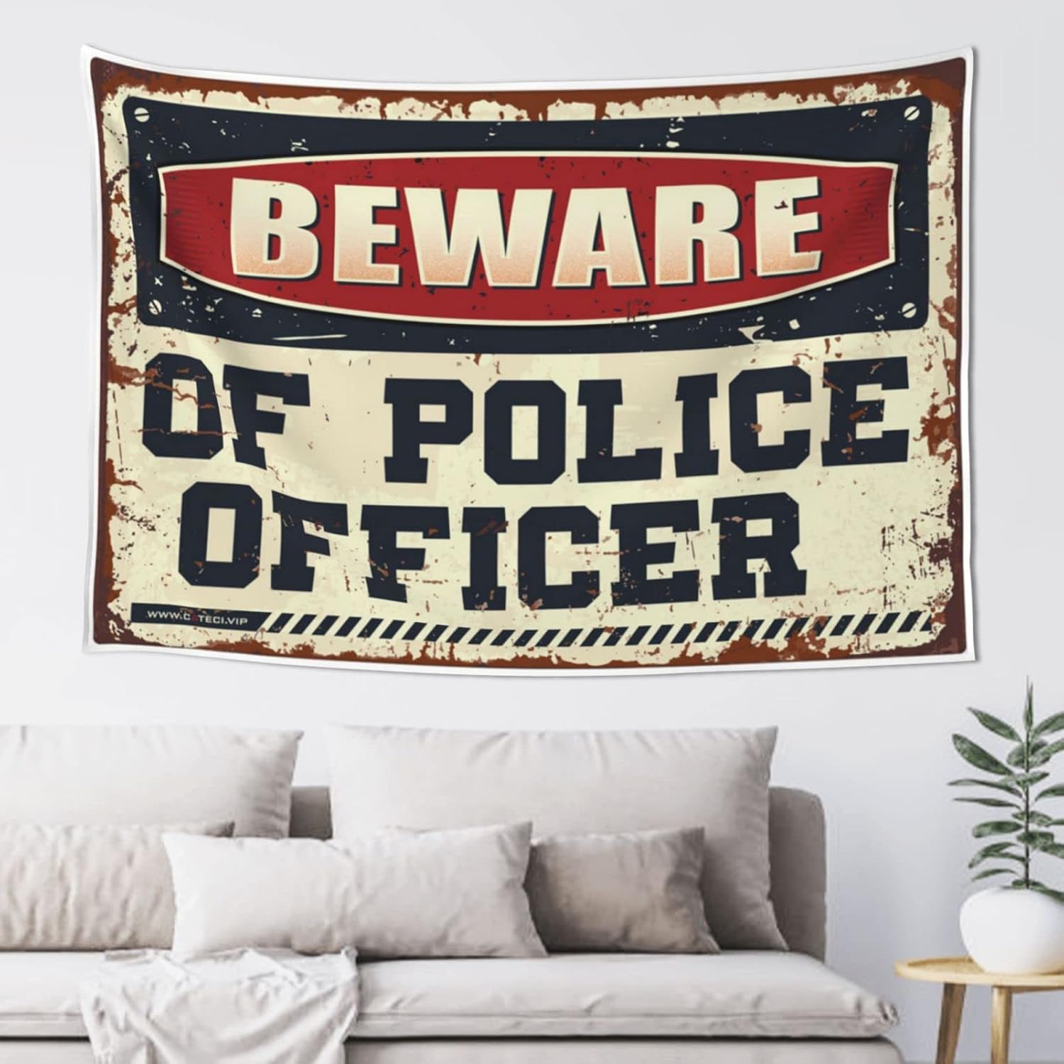 Tapestries for Bedroom Beware of Police Officer Tapestry Funny Kitchen Decor Vintage Decor(75X100CM)
