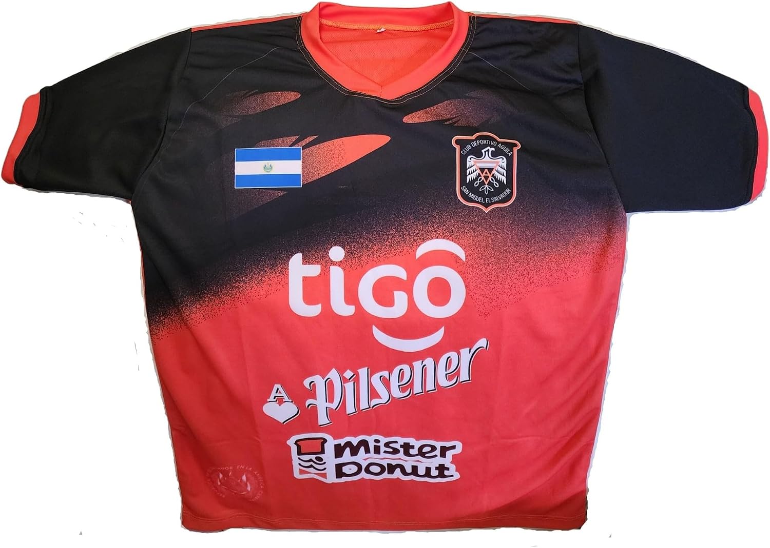 CD Aguila - El Salvador Camisa Negro Naranja Combinada, Tu equipo Favorito, El Mas Popular del Oriente de Tu Pais (Large)