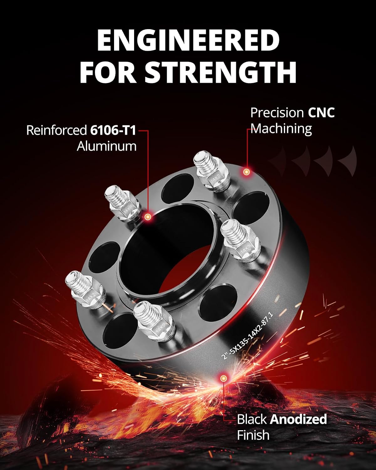 EVIL ENERGY 5x135 Wheel Spacers 2 inch Compatible with Ford F150 2000-2003, 5x135 mm Hubcentric with Lip 5 Lugs 87.1 mm Hub Bore M14x2 Studs Black