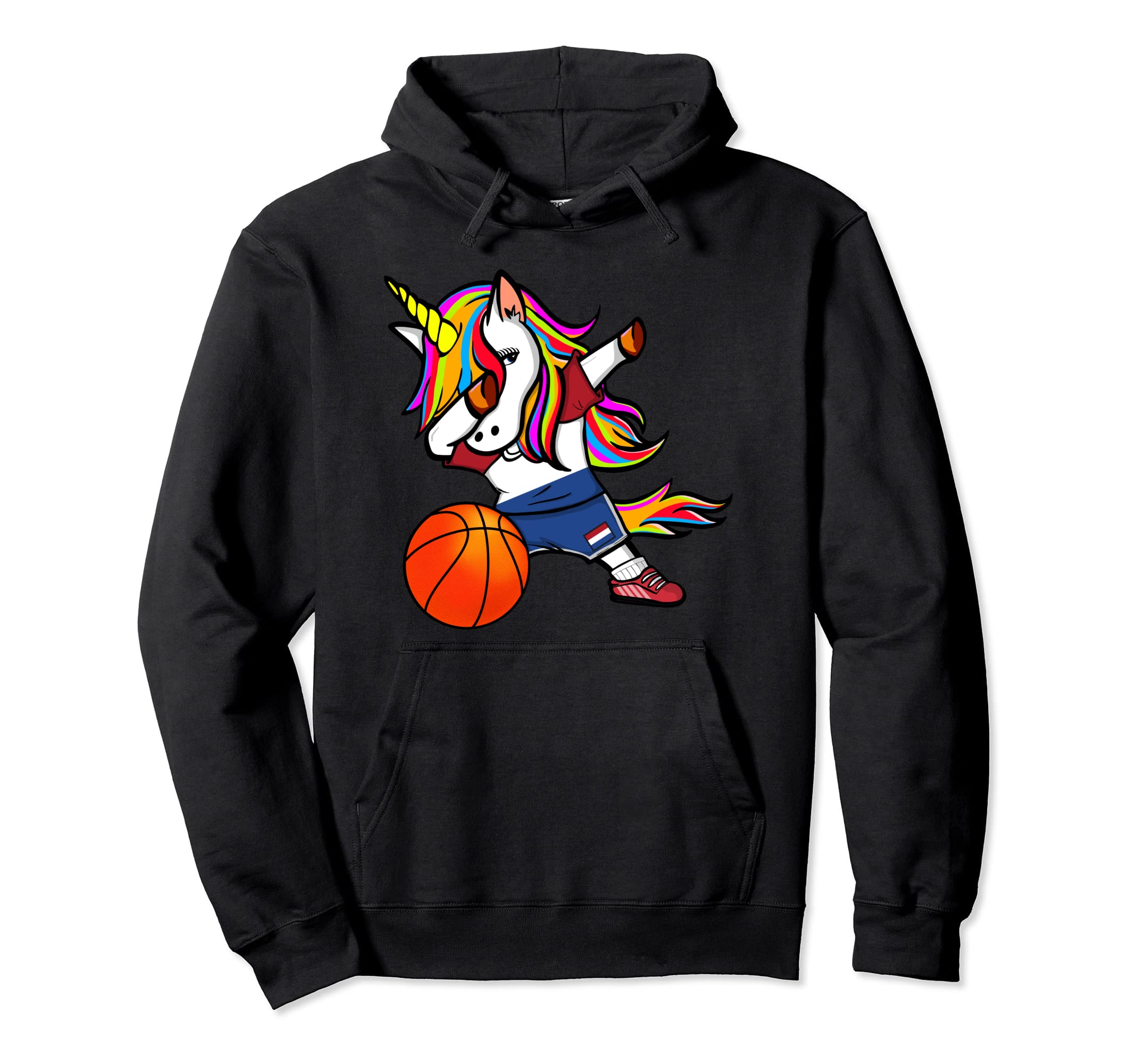 Funny Dabbing Unicorn Netherlands Basketball - Dutch Flag Pullover Hoodie, Black
