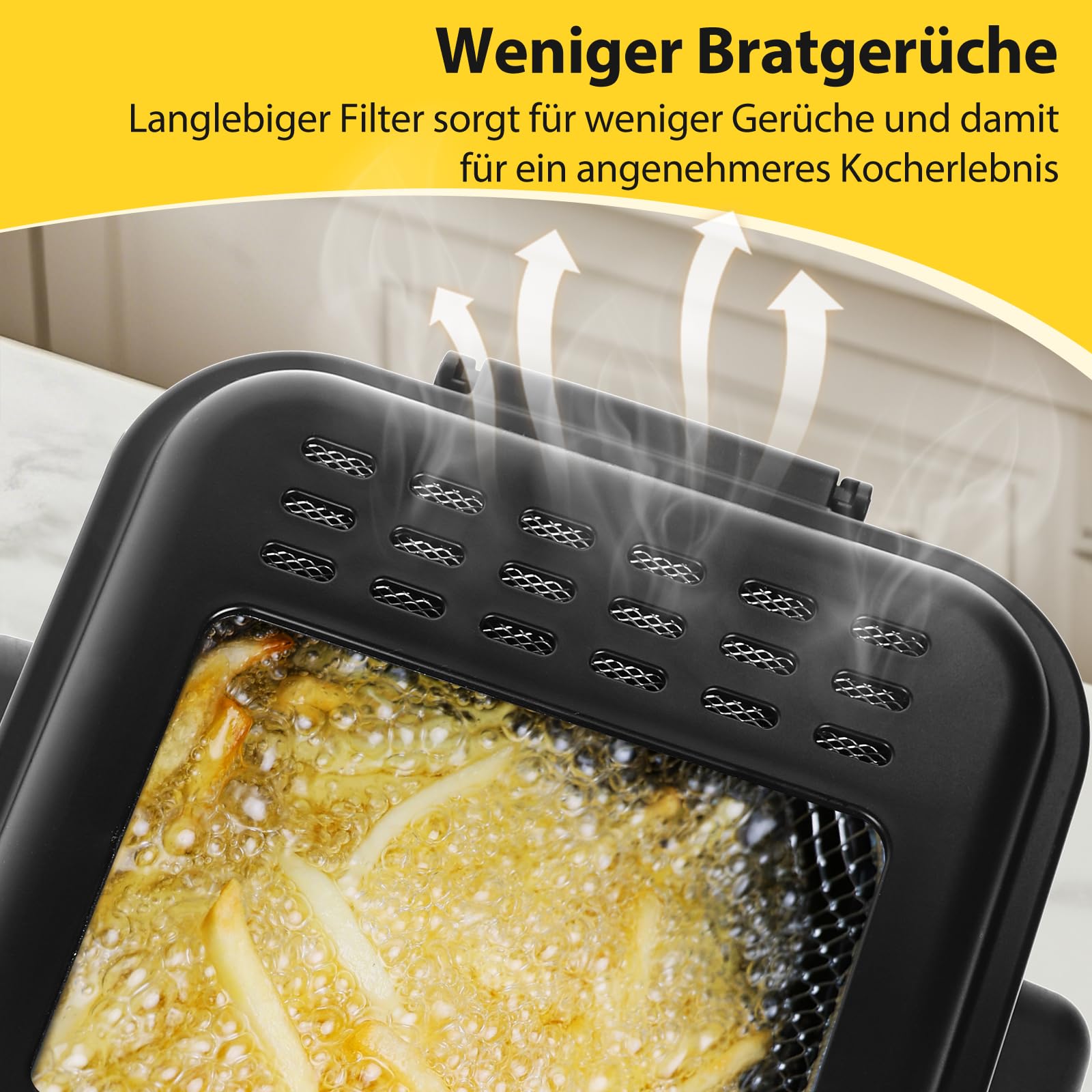Aigostar 1,5L Fritteuse (1000W) - Edelstahl mit Temperaturregelung, Ölmarkierung, Antihaft-Korb, Geruchsfilter & Spülmaschinenkorb - Sicherheitsgriff + Sichtfenster - silber