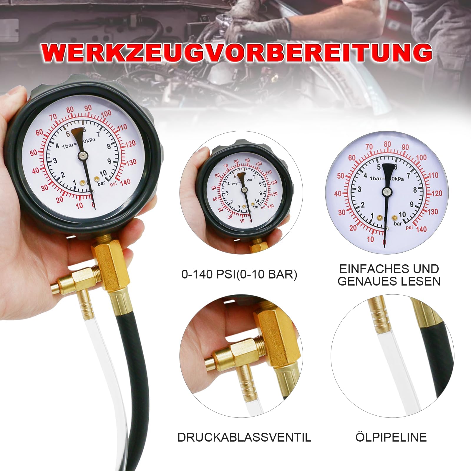 TU-114 Medidor de presión de combustible 0-140 PSI, medidor de presión de combustible para motores diésel y gasolina
