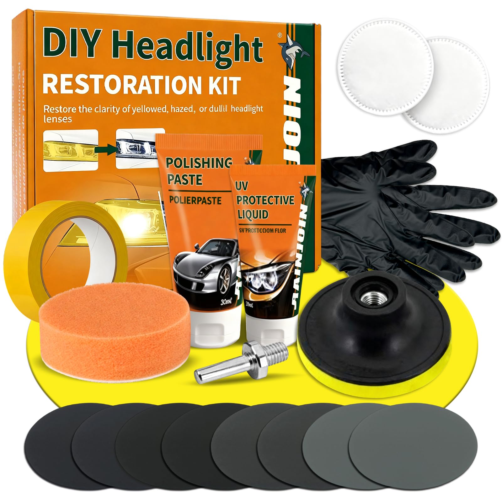 ePicsoa Scheinwerfer Aufbereitung Set [17 Teile] - Universal Auto Scheinwerfer Polierset für matte & blinde - Inkl. UV-Schutz, Polierpaste, Adapter & 8 Schleifscheiben - Auto Polierset zur Aufbereitun