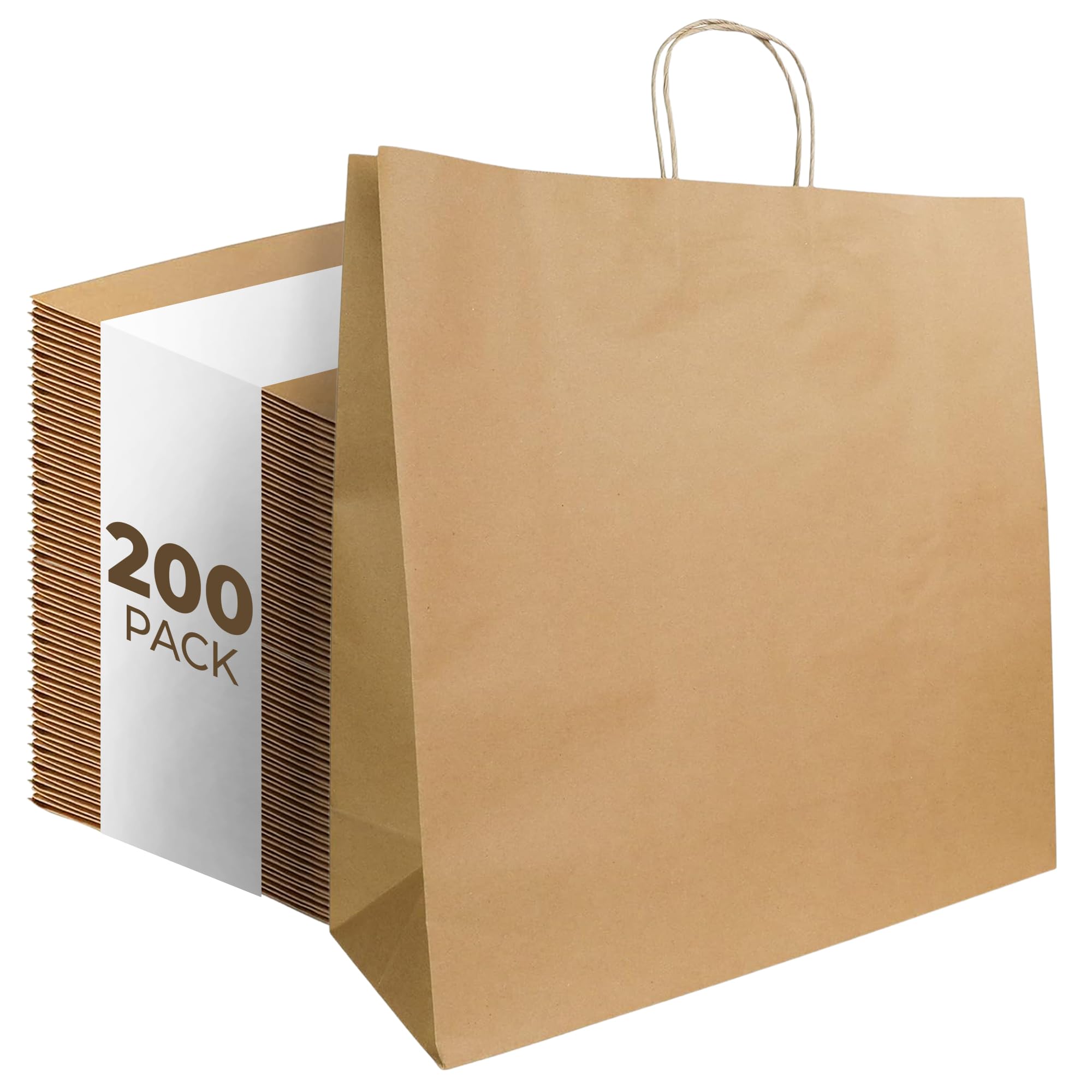 PTP BAGS Natural 18" x 7" x 18.5" Tote Bags, Brown Paper Bags with Handless [Pack of 200] Recyclable Kraft Paper Gift Bags