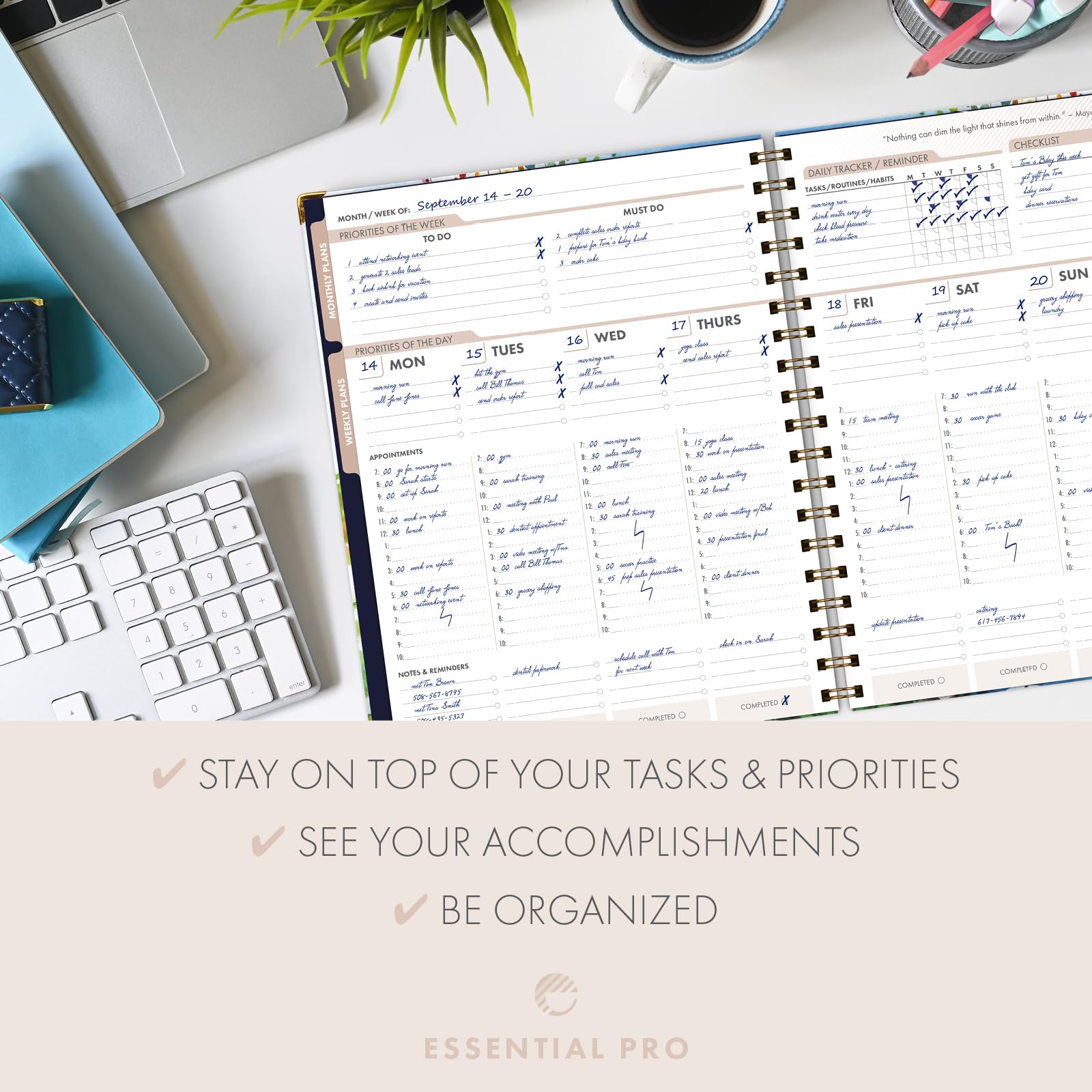 ESSENTIAL PRO - Agenda diaria, semanal y mensual sin fecha, pestañas mensuales, seguimiento diario, páginas de notas, bolsillo de almacenamiento, marcapáginas con notas adhesivas (temporada de árbol)
