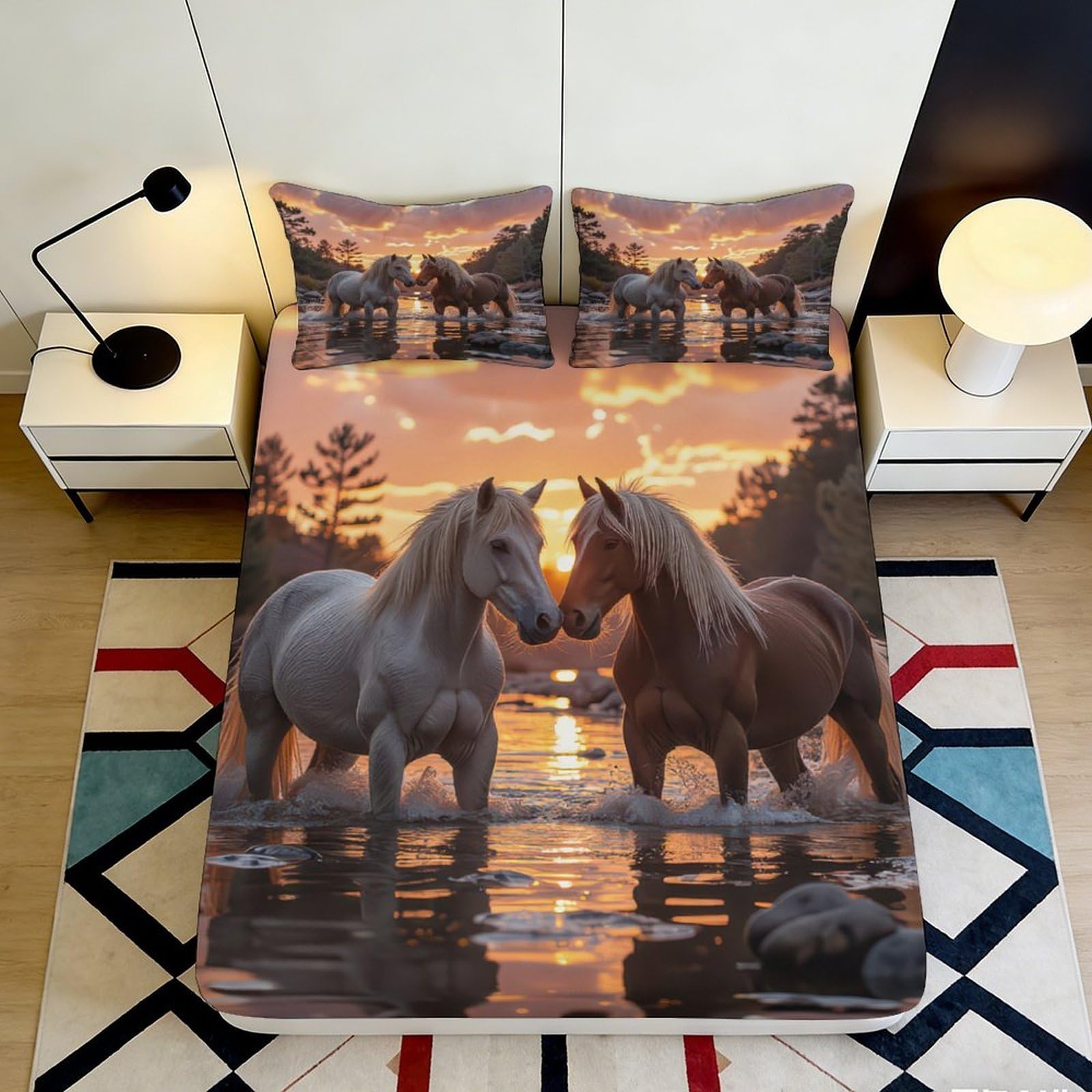 3D Printed Sunset Horses Fitted Sheet Microfiber Soft Bed Sheet for Bedroom Guest Room Decor Easy Care 90x200x25cm