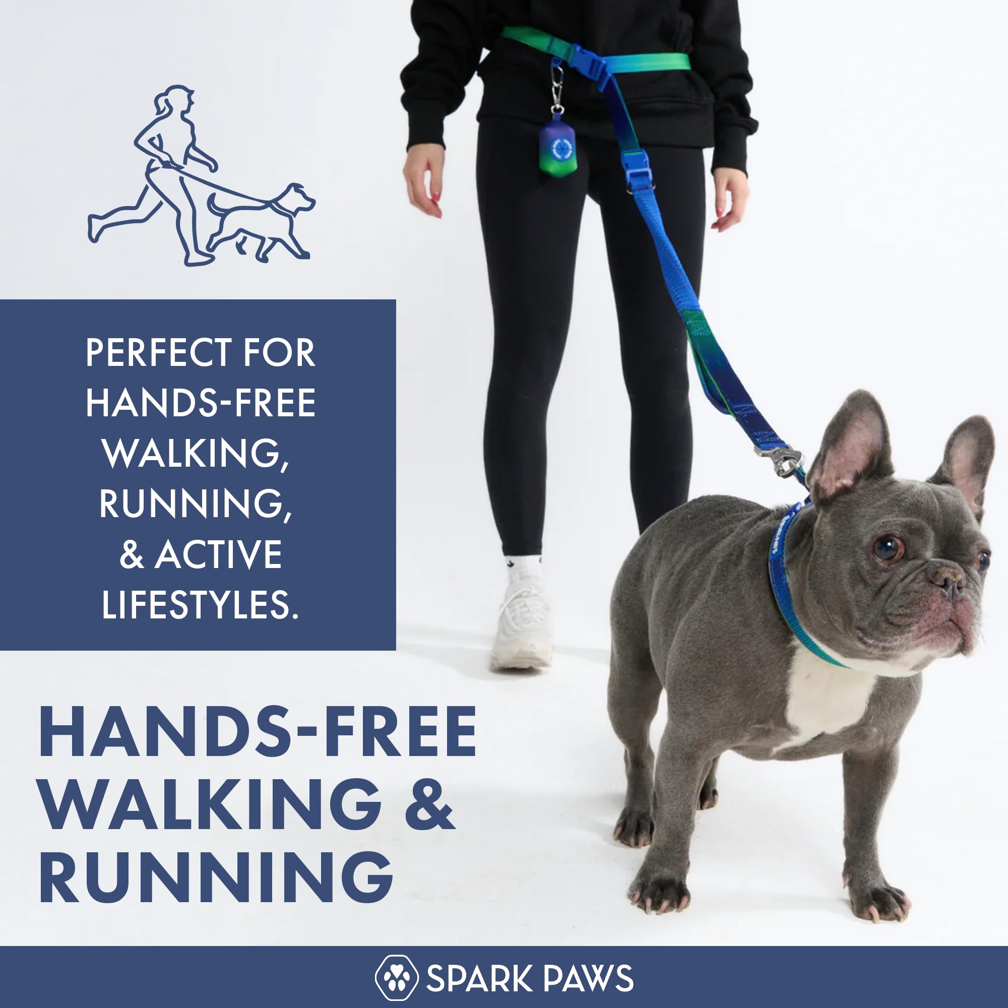 Spark Paws Handsfree Dog Leash – Shock Absorbing Waist Bungee Lead with 2 Padded Handles, Car Seatbelt Clip & Poop Bag Set, Heavy Duty Tactical Lead for Medium, Large & X-Large Breeds - Lime Wave - image 2