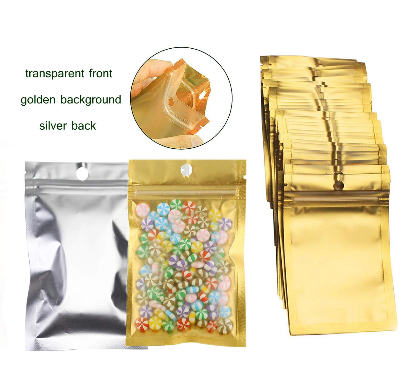 Mylar Zip Lock Bags Resealable Aluminum Metallic Foil Mylar Flat Ziplock Bag,transparent front golden background silver back (3"X4.7"(7.5x12cm), 100pcs)