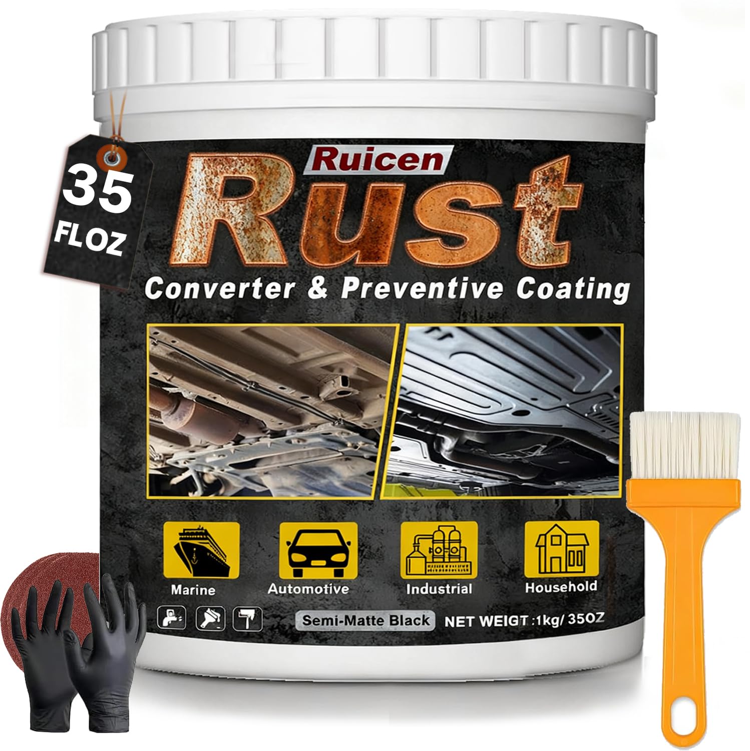 2-in-1 Rostumwandler mit Grundierung, 1L Rostumwandler Auto - Rostschutzfarbe für metall, Langlebig und schnell trocknend, gebrauchsfertig rostschutzfarbe für metall, Autos, Stahl & Eisen, Schwarz