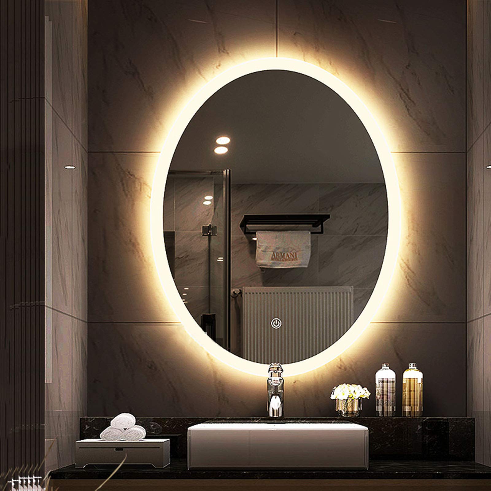 Amazon｜L&M 照光式LED壁掛けミラー（2色ライト）楕円形フレームレス