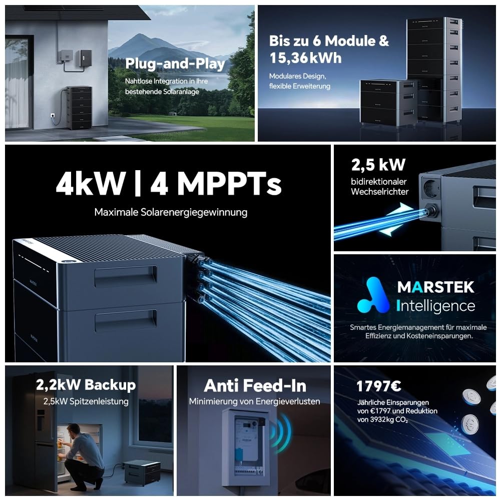 Marstek Venus D 5120 Wh Impianto solare da balcone con batteria espandibile e micro-inverter – 4 MPPT, Ingresso FV da 4 kW e uscita da 2,2 kW, Espandibile fino a 15,36 kWh, 6000 cicli, IP65, Plug&Play