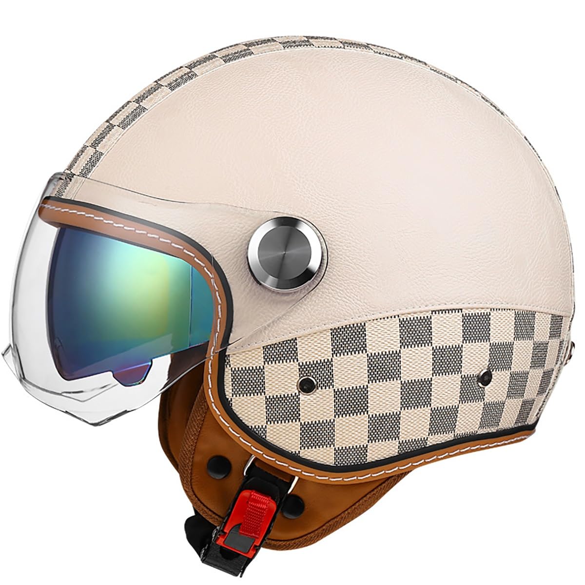EBAYIN Casque Moto Ouvert, Retro Casque Jet, Demi-Casque, Casque Protection en Cuir Vintage, Casque Cooter 3/4 Casque d'aviateur À Double Lentille Approuvé ECE for Hommes Et Femmes(B,XXL(63~64cm))