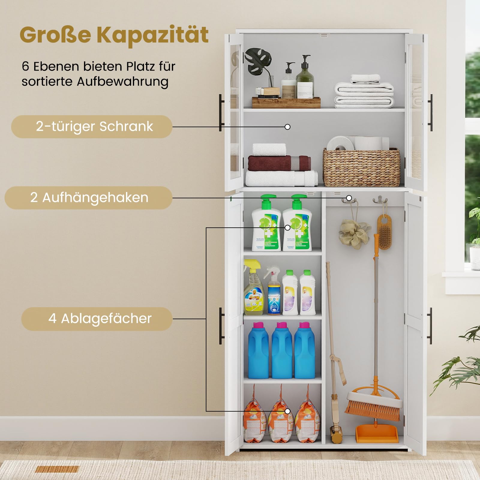 COSTWAY Besenschrank 70cm breit, Mehrzweckschrank Hochschrank mit 2 Haken & Glastüren, Vorratsschrank Holz, Haushaltsschrank Putzschrank für Mops & Staubsauger, 70 x 30 x 168 cm, weiß