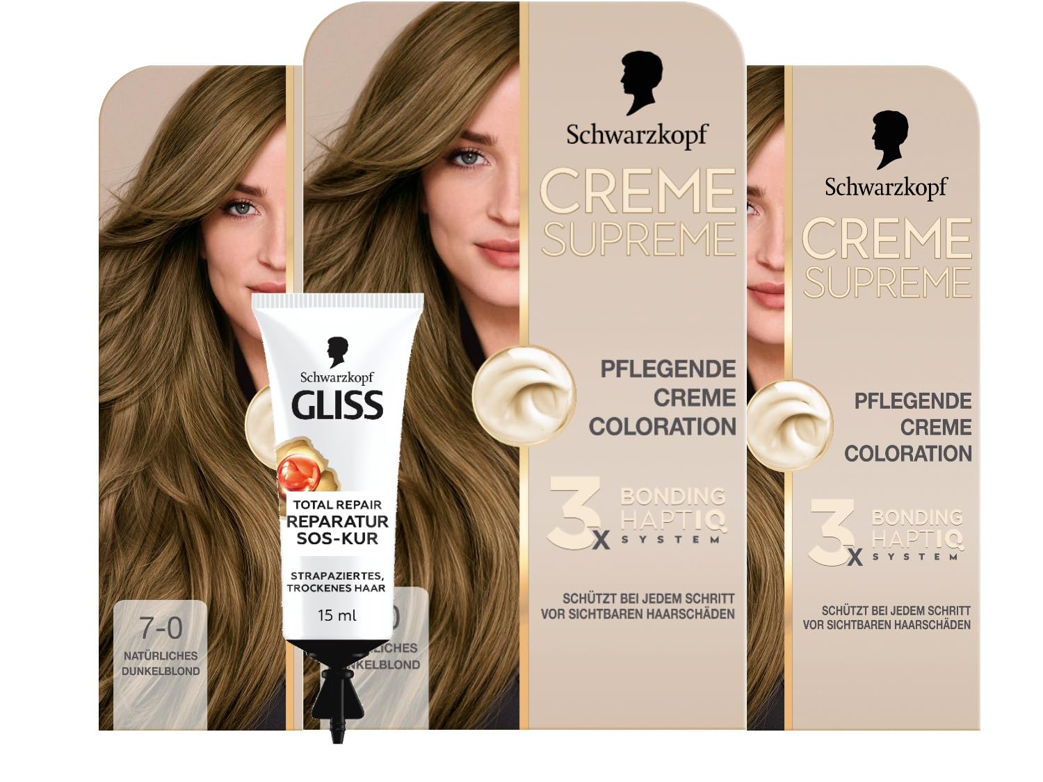 Schwarzkopf Creme Supreme Coloration 7-0 Natürliches Dunkelblond (3x182 ml), dauerhafte Haarfarbe & GLISS SOS-Intensiv-Kur Total Repair 15ml, natürlicher Glanz und Geschmeidigkeit