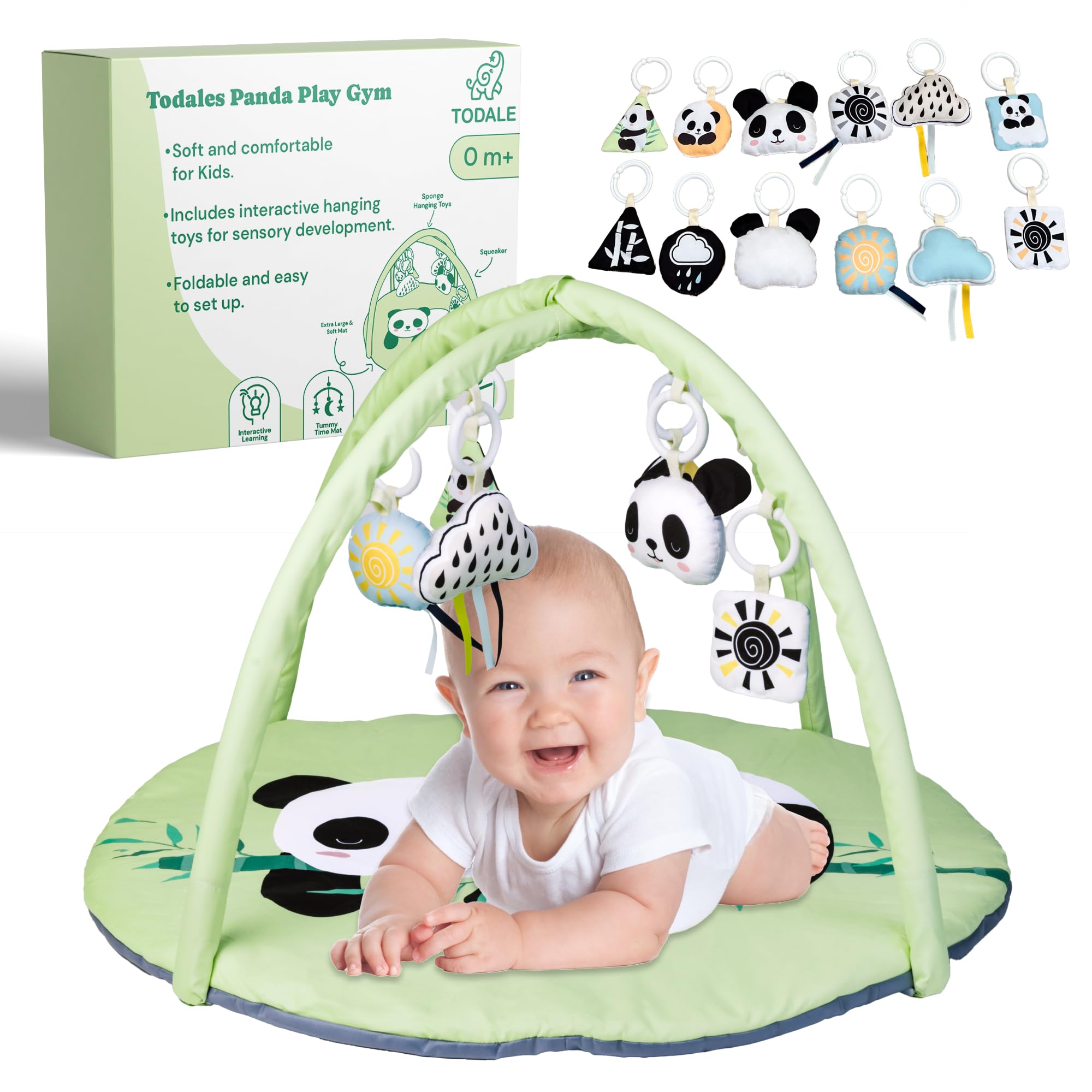 Todale Baby Play Gym - Green, Unisex, Newborn to 36 Months - Infant Toys & Tummy Time Mat with Detachable Panda Toys - Baby Activity Center & Play Mat