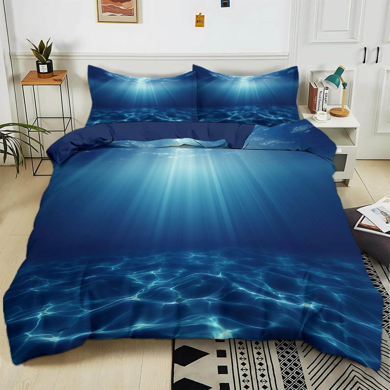 Housse de couette 240x260 soleil des fonds marins bleus parure lit reversible polycoton