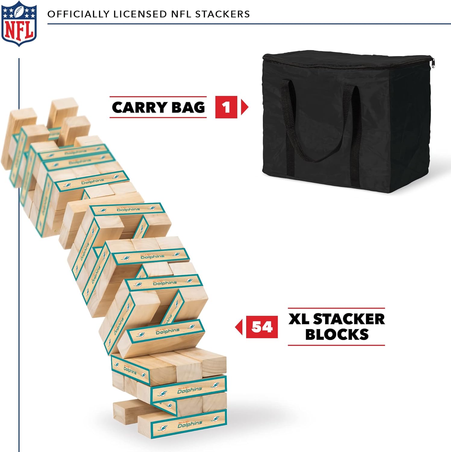 wild sports nfl giant stacking wooden blocks – tumbling tower classic family game stacks – great gift for any football fan! miami dolphins