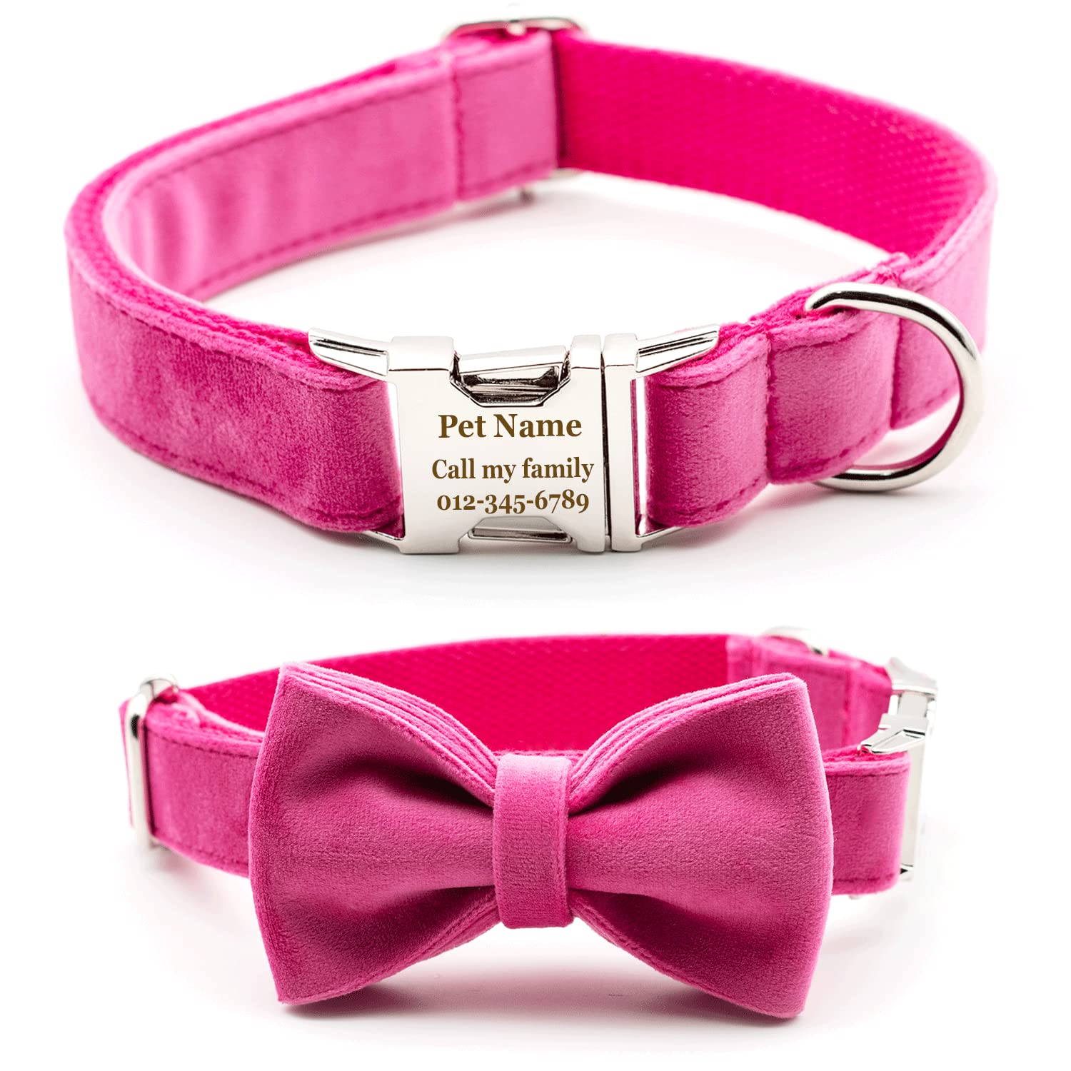 Personalized Dog Collar with Bowtie, Engraved Collar with Customized Text for Large Medium Small Dogs Think Velvet Style (Thick Pink Velvet)