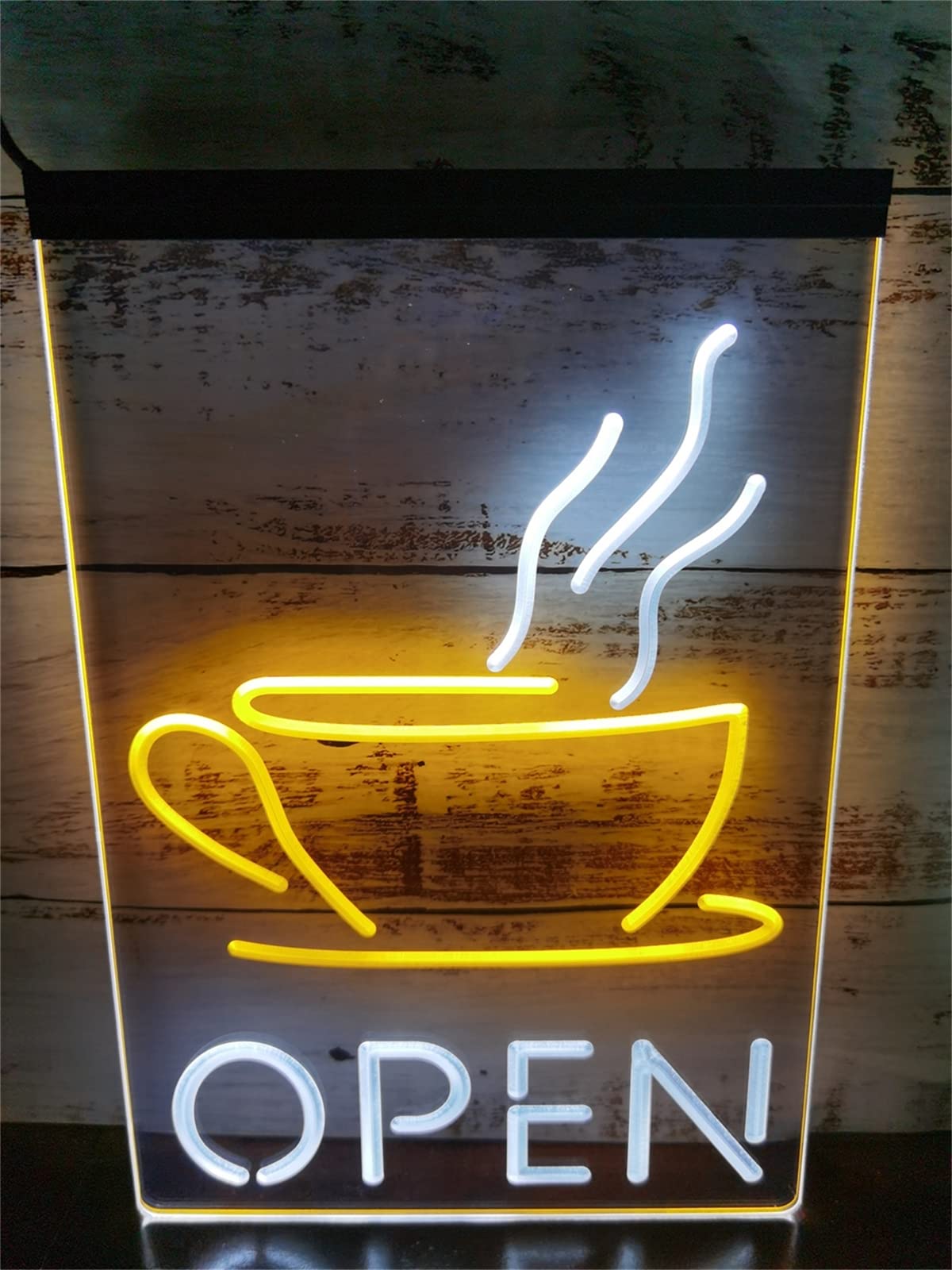 KEYQEEN Open Coffee Cup LED Neon Sign, Cafe Shop Party Dual Color Neon Lights for Wall Decoration USB Luminous Signboard,White Yellow,30x40cm