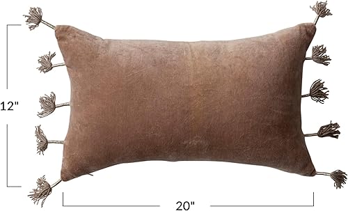 Miniatura 2 de Creative Co-Op Almohada lumbar de terciopelo de algodón con borlas metálicas y respaldo de lino, marrón y natural