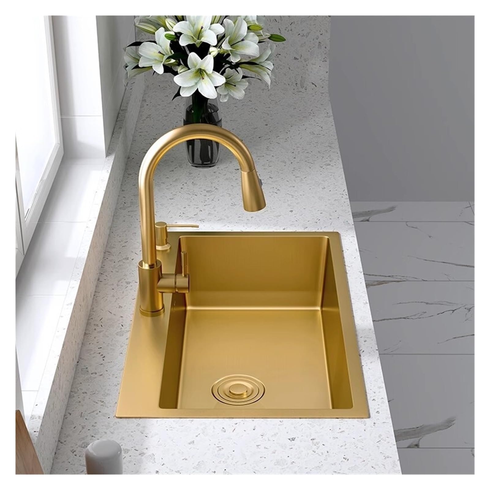 Fregadero De Cocina Dorado Sobre Encimera, Cuenco Individual Acero Inoxidable 304, Escurridor Cesta Dorada, Dispensador Jabón, Lavabo FáCil De Limpiar Y Mantener(53x43 A)