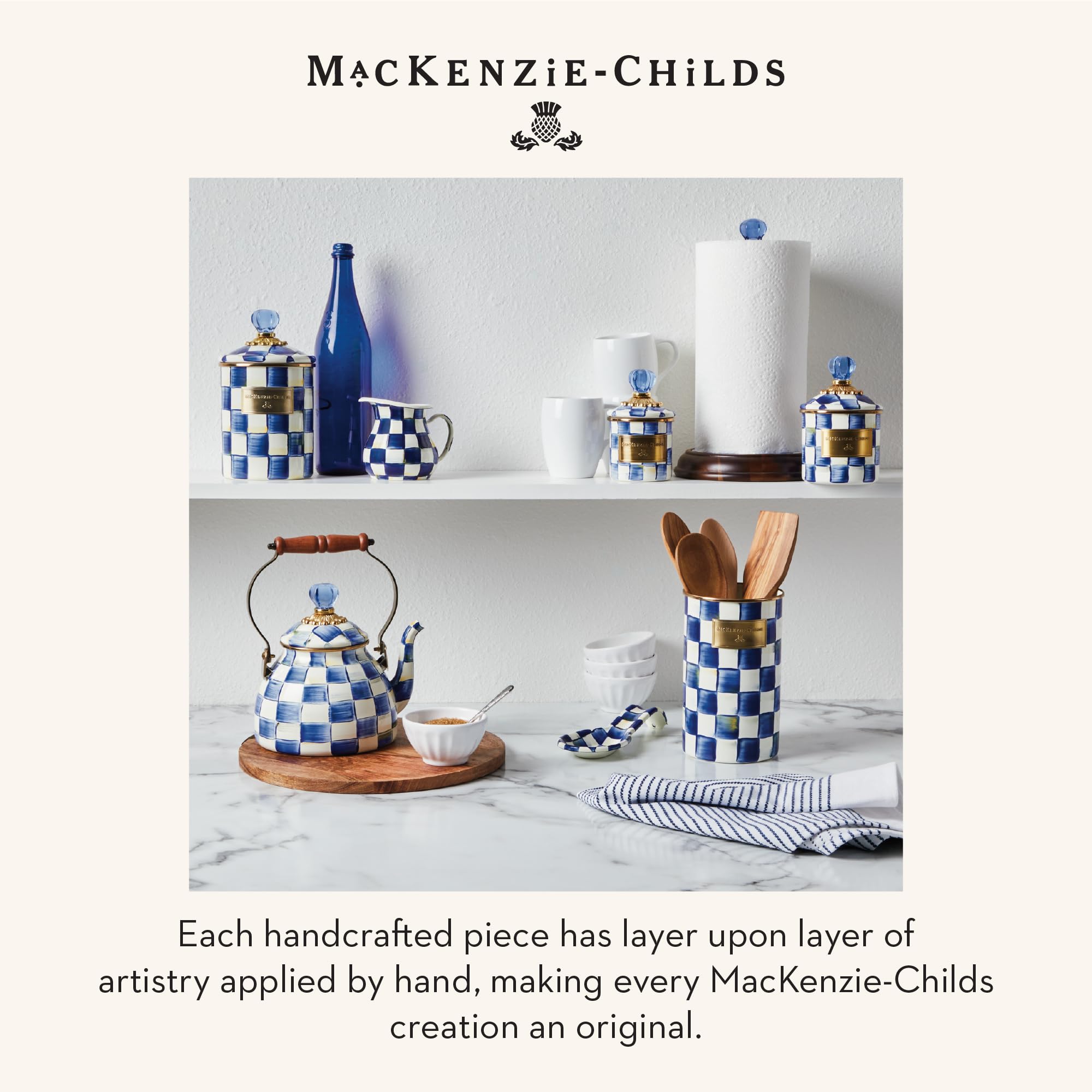 MACKENZIE-CHILDS Enamel Utensil Holder Blue-and-White Royal Check | Hand-painted design made from enameled steel ideal for storing and organizing kitchen utensils 5 dia. x 8.5 H product thumbnail 8
