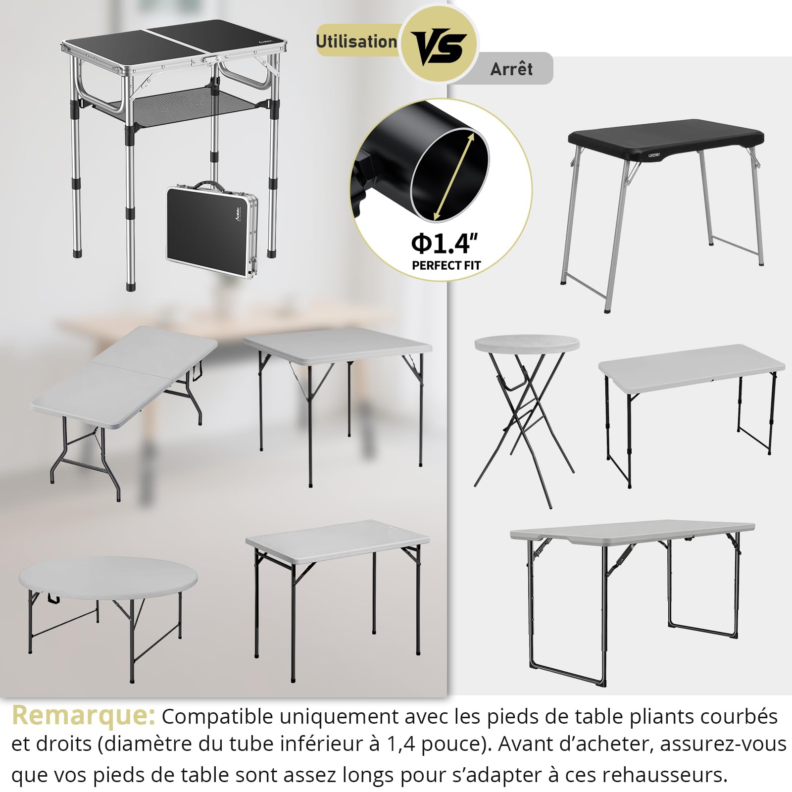 Anbte Lot de 4 Rallonges de Pieds de Table Pliantes, 5 Niveaux Réglables en Hauteur, Rehausseur de Pied de Table, Supports en Acier Robuste pour Pieds Droits et Pliés, Réduit Le Travail Arrêté, Noir