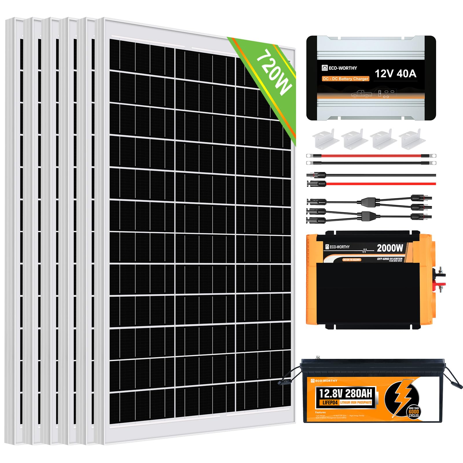 ECO-WORTHY 720W 0% VAT Solaranlage Komplettset netzunabhängiges für Wohnmobil Camper:6 Stücke 120W Solarpanel+1 Stücke LiFePO4 280Ah +Wechselrichter 2000W+DC-DC Ladebooster 12V 40A