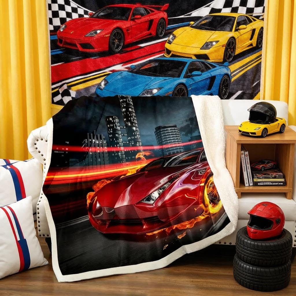 Loussiesd Car Plush Sherpa Blanket for Kids Boys 3D Red Speed Racing Fleece Throw Fuzzy Blanket for Sofa Bed Couch 30x40 Inch