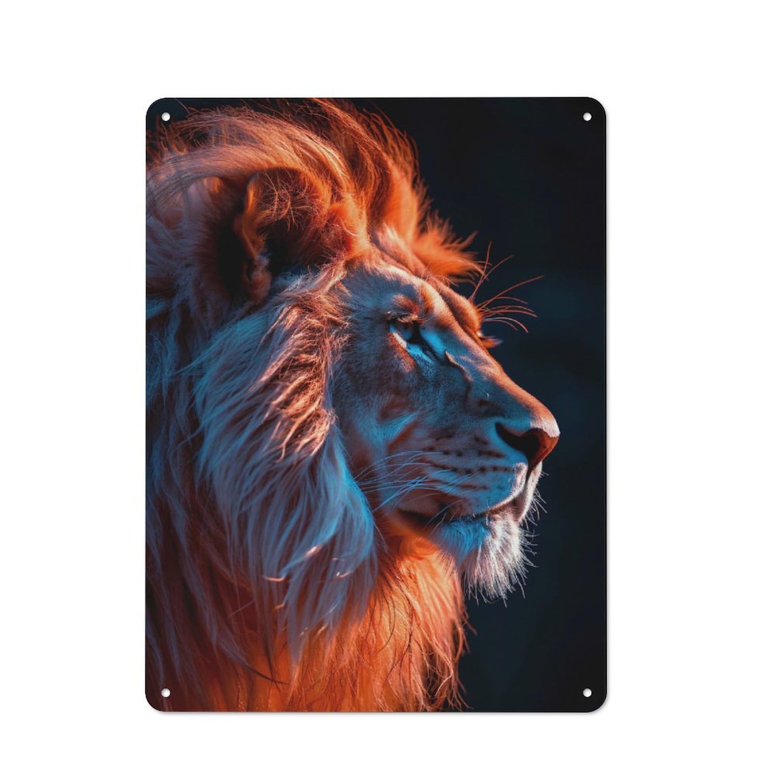 Junmoney Style-1 Metal Wall Sign 40X30cm Featuring Lion Portrait With Orange And Blue Lighting For Pub Or Café, Housewarming Wall Decor For People Furnishing Pub And Café
