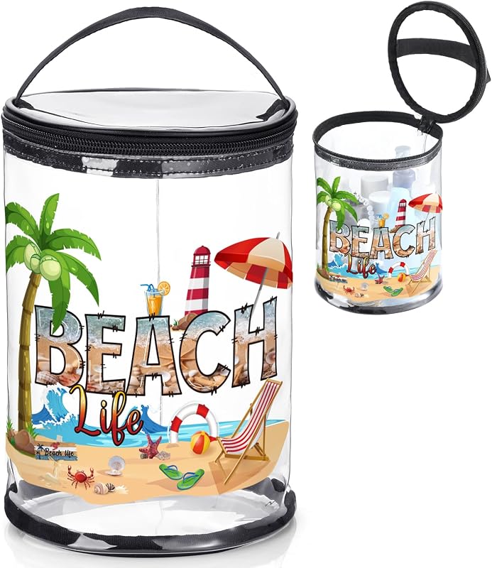 Necessaire cilíndrica transparente Sanwuta Beach Life com alça e zíper, 1 unidade