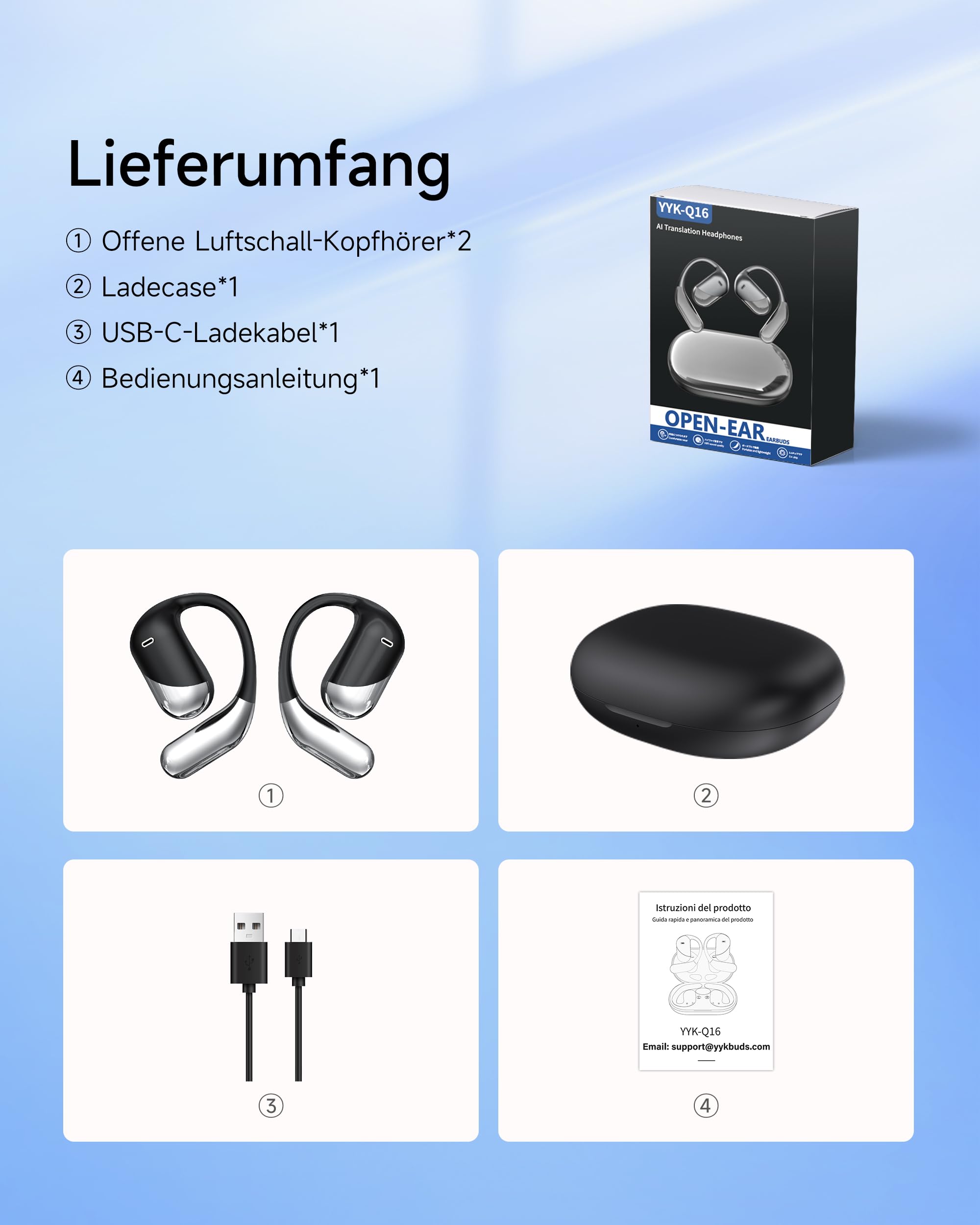 Offene Ohr Kabellose Ohrhörer, Sport Bluetooth Kopfhörer mit Echtzeitübersetzung, 80 Stunden Akkulaufzeit mit LED-Akkuanzeige, Geräuschunterdrückung, IP55 Wasserdicht für Training Laufen (Schwarz)