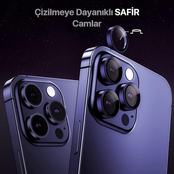 Lens Protector with Aluminum Alloy Frame and 9H Hardness Tempered Glass (Sapphire Purple) Compatible with All Minesk iPhone 15 Pro - 15 Pro Max / 14Pro - 14ProMax Models