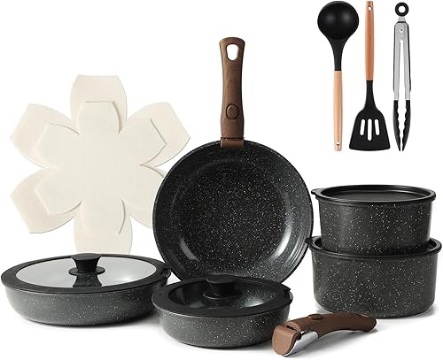 Juego de utensilios de cocina de cerámica de 15 piezas con mango desmontable para ollas y sartenes antiadherentes (negro)
