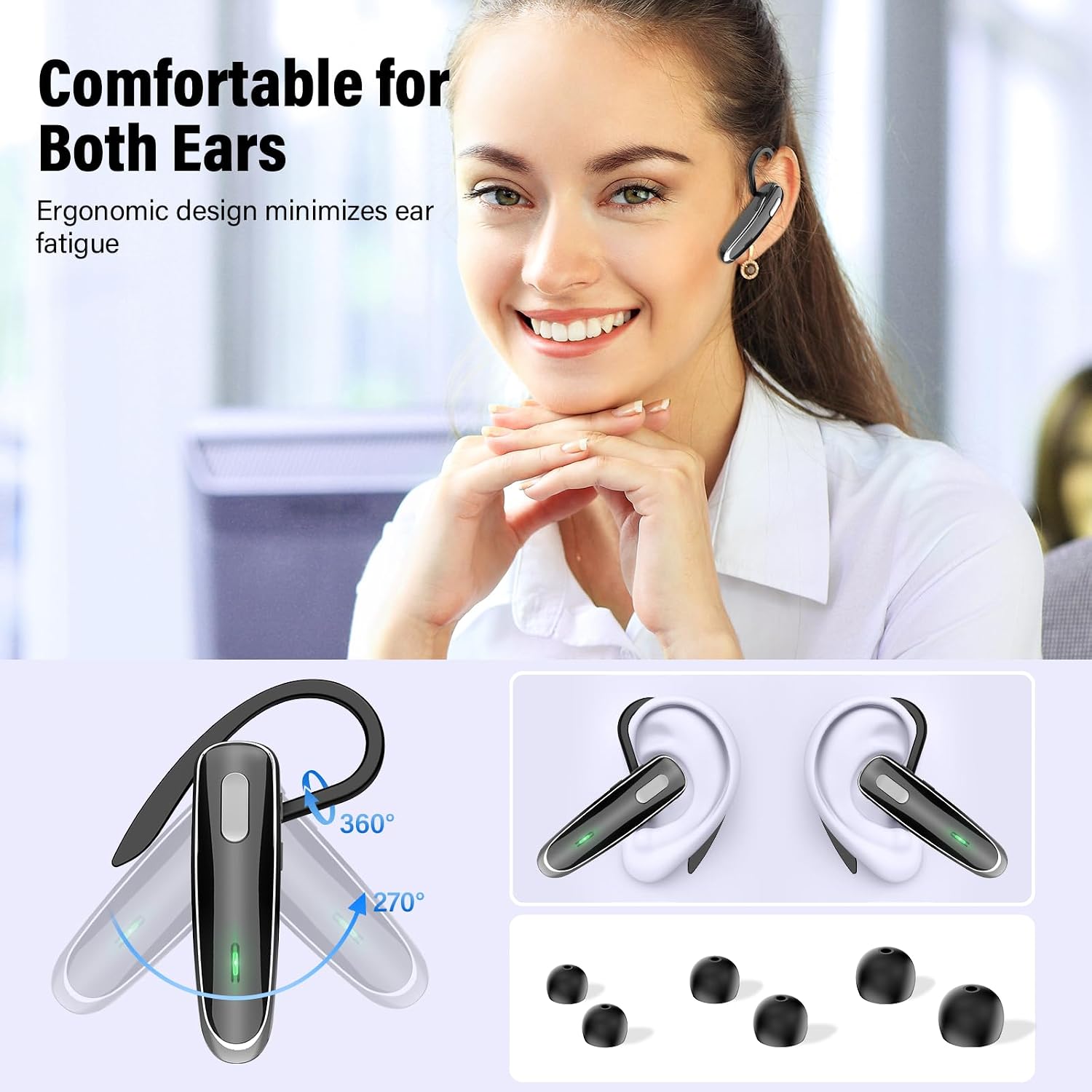 Bluetooth Headset V5.4, Wireless Bluetooth Earpiece with Built-in Dual ENC Mic 10Hrs Talk Time 180 Days Standby for Cell Phone Computer, Mute Buttons Hands-Free Headphones for Trucker/Driver/Business