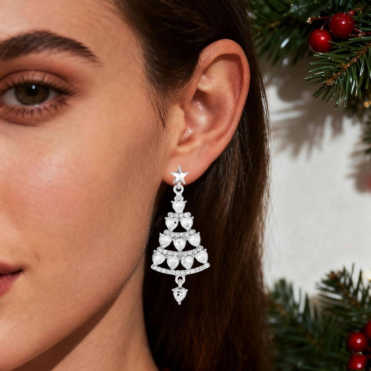 Gold Rhinestone Heart Christmas Tree Earrings for Women Charms Drop Dangling Stud Earring Holiday Festival Party New Year Jewelry - Image 3