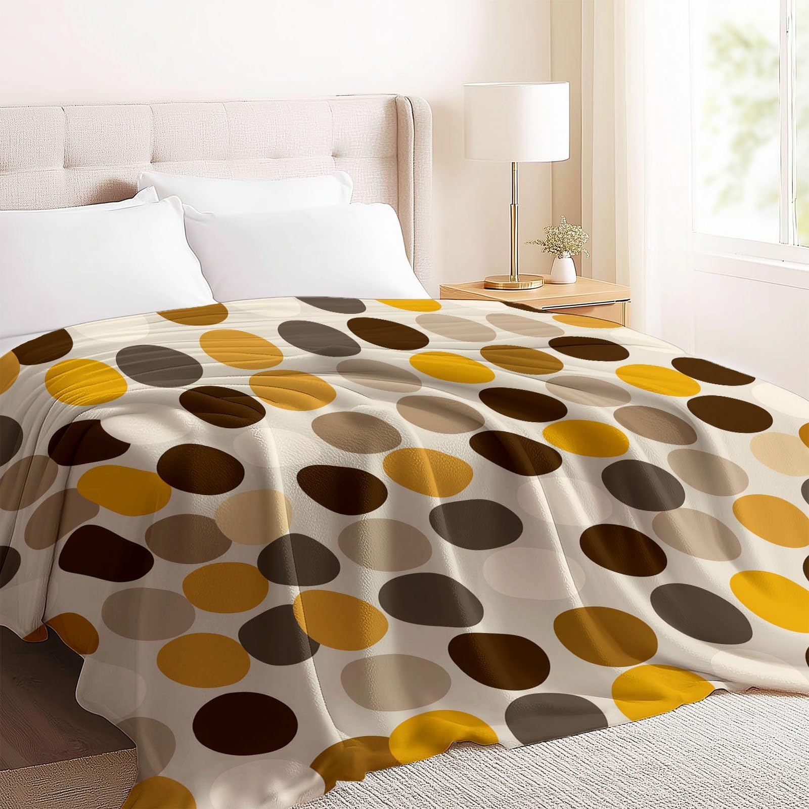Przytulny koc 180 x 220 cm, koc polarowy w stylu retro, geometryczny nadruk, flanelowy, miękki, ciepły, puszysty koc w kropki, koła, na kanapę, sofę, do biura, łóżka, w podróż, brązowo-żółty