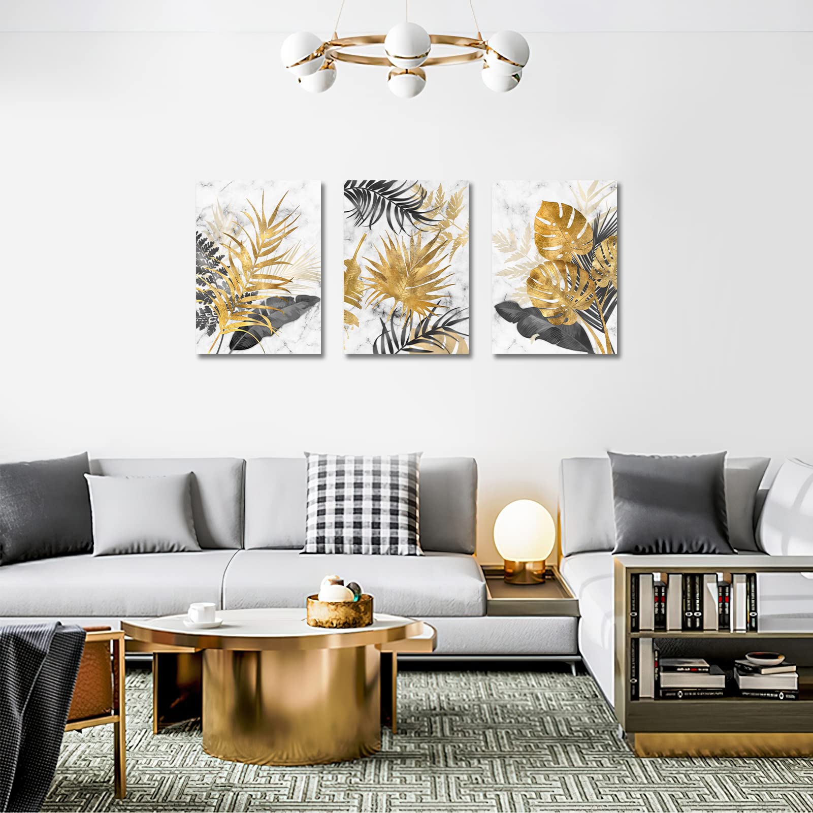 FajerminArt 3 Pieces Modern Canvas Wall Art Marble Tropical Grey Gold Leaves Pictures Printed Art Painting for Living Room Bedroom Office Ready To Hang - Image 3