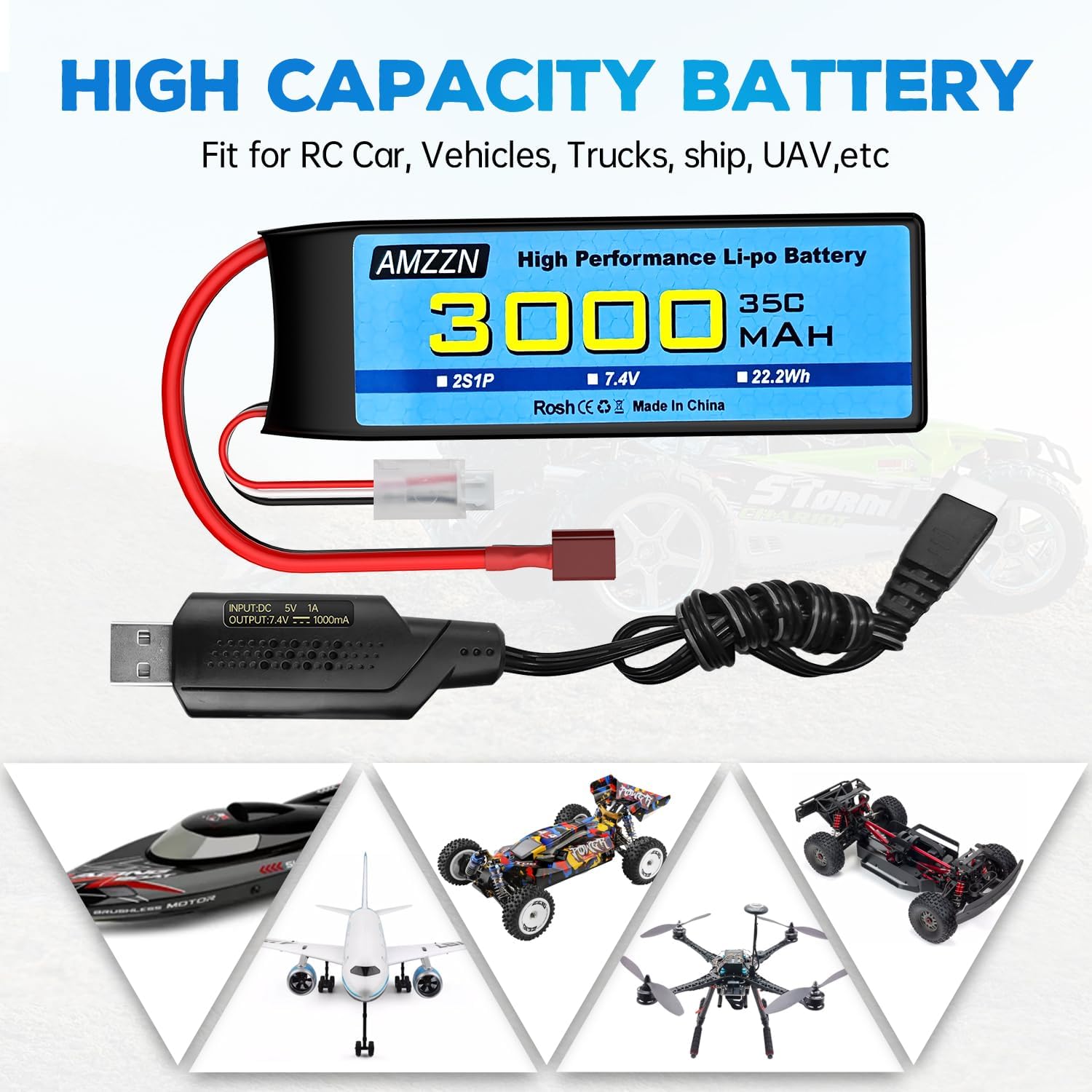 7.4V 3000mAh 35C 2S T-Plug Lipo Battery with USB Charging Cable for RC Car,Truck Model Car,Remote Control Boat,RC Quadcopter Qircraft,FPV Drone Battery