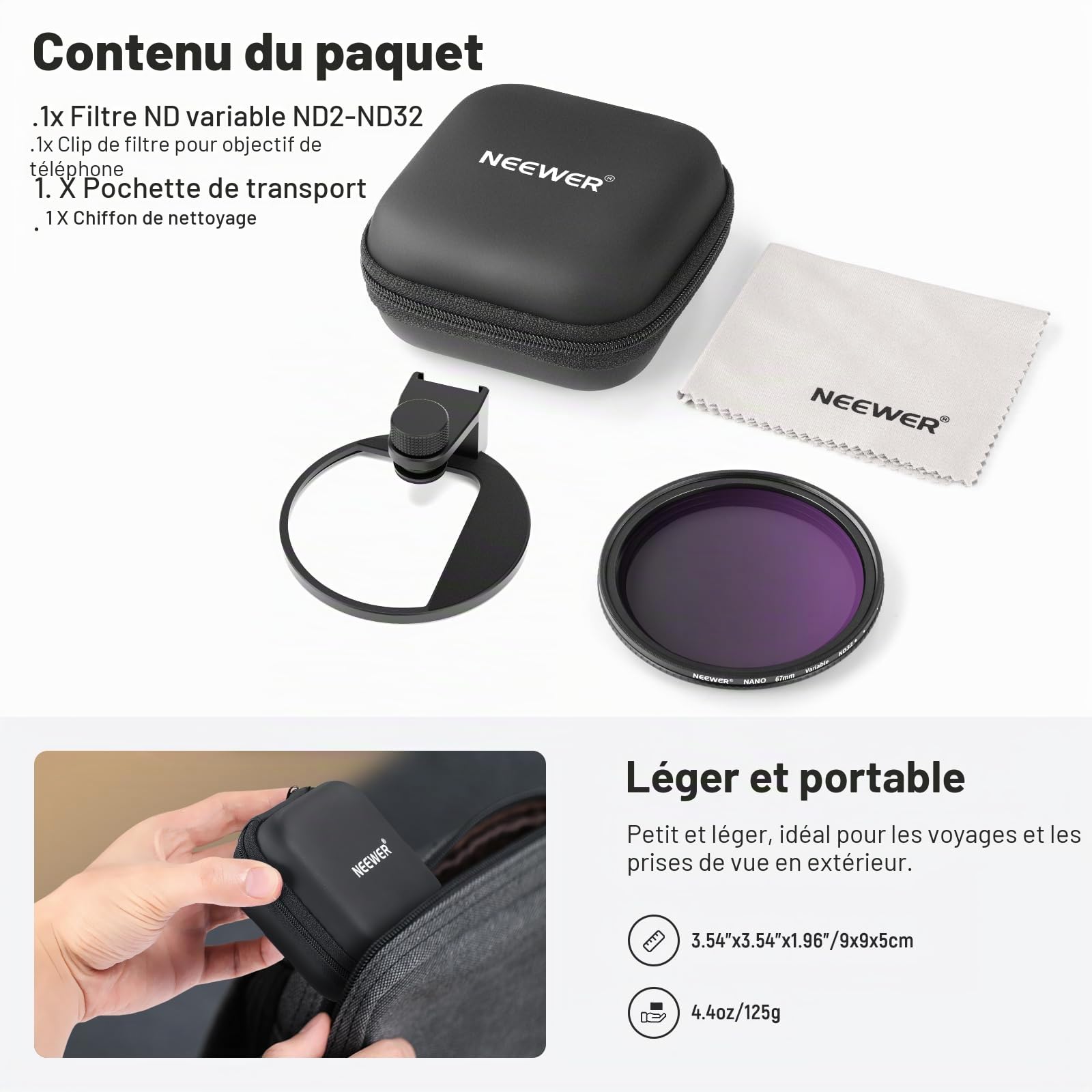 Neewer Kit de Filtre d'objectif de téléphone à Clipser Variable ND2-ND32 de 67 mm, Clip de téléphone avec Anneau Adaptateur fileté/Griffe/Bouton de Verrouillage, Filtre ND Variable HD pour iPhone 15