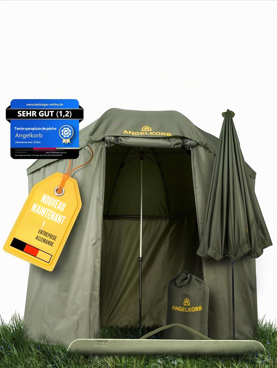 Parapluie de pêche avec paroi latérale de 2,50 m – Parapluie et tente de pêche, imperméable, protection anti-moustiques, inclinable à 45° – Tente de pêche pour le camping et l'extérieur