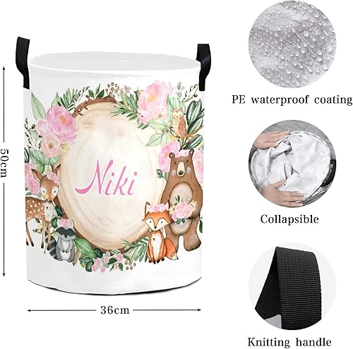 Miniatura 5 de Cesta redonda de almacenamiento con diseño de animales del bosque con diseño floral rosa, cesta de lavandería con nombre, impermeable, con asa para
