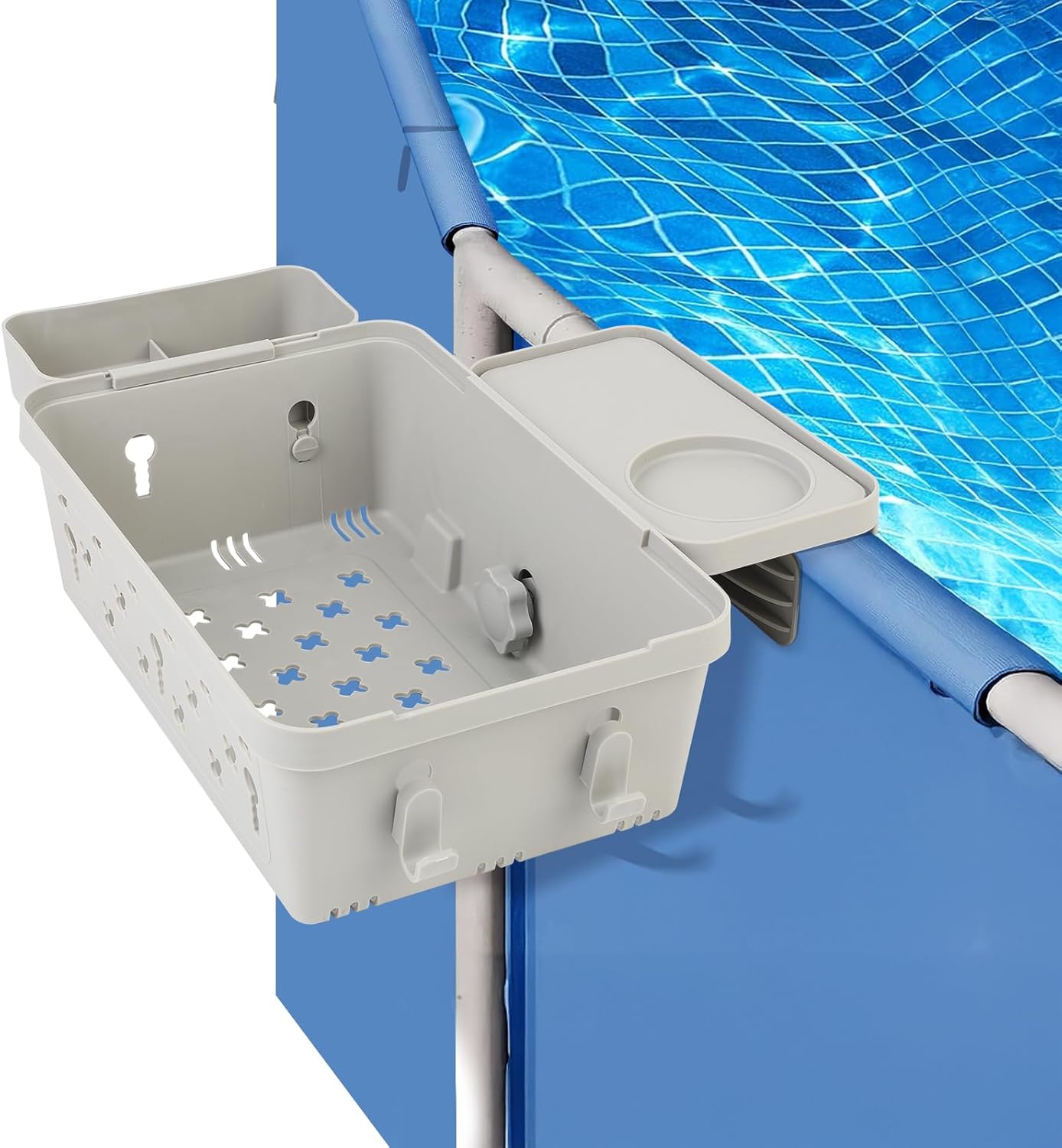 upgrade poolside storage basket,swimming pool storage basket with pool cup holder for above ground pool accessories adjustable width pool side storage bin to organize cup towel (1pack)