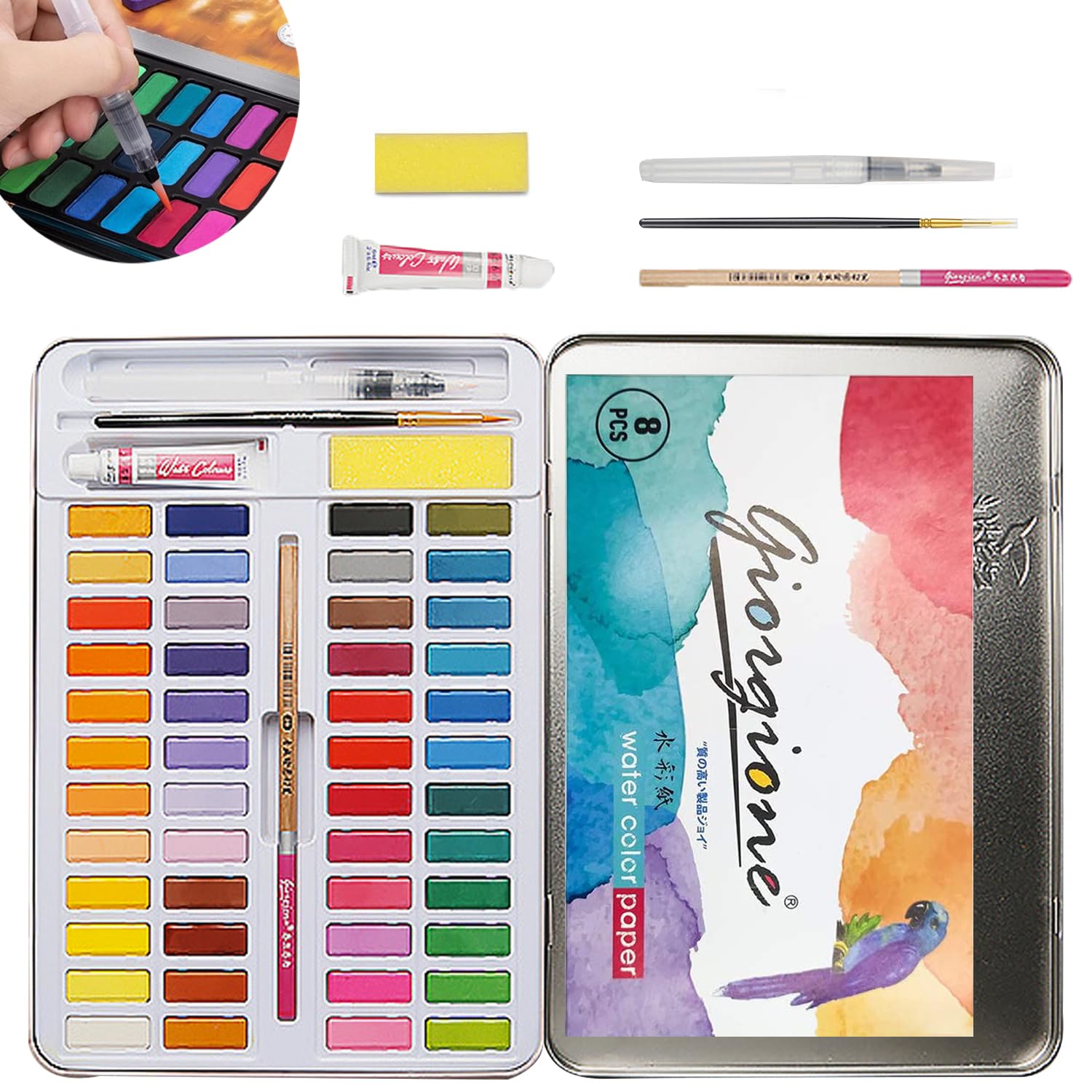 Niserelesa 48 Set Acuarelas, Acuarelas Profesionales Para Principiantes Y Entusiastas De La Pintura, Kit Acuarelas Con Caja De Metal, Lápiz De Dibujo, Pinceles Y Papel (48 Colores)