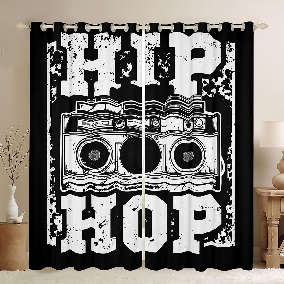 Feelyou Hip Hop Style Curtains for Bedroom Living Room Street Culture Window Curtains Panels Kids Music Themed Blackout Drapes Youth Black White Graffiti Pattern Window Treatments Decor 84" X 63"