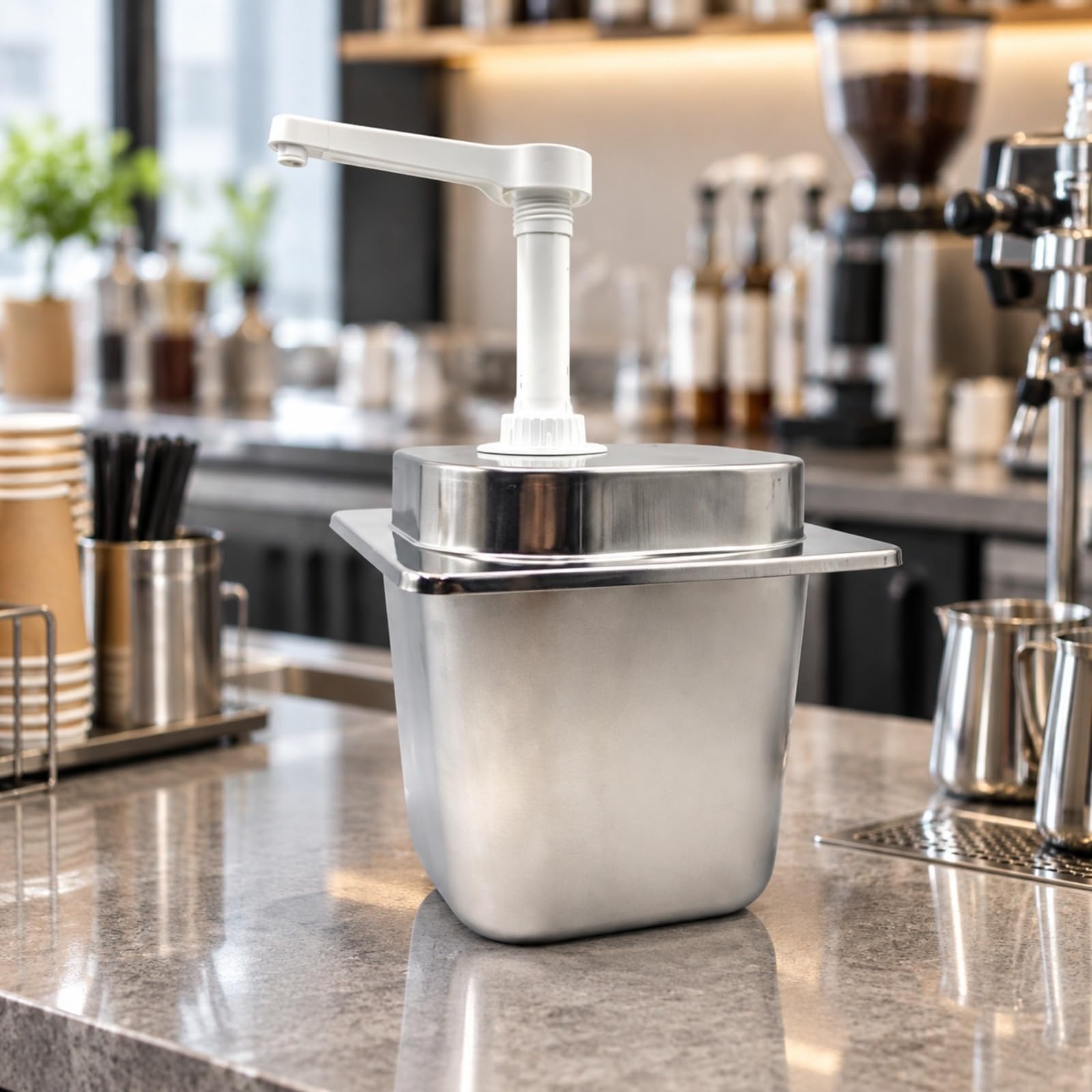 Qianly Pompa Erogatrice per Sciroppo in Acciaio Inox Contenitore Rettangolare da 3 Litri Dosatore Manuale per Salse E Condimenti Adatto per tterie E Aree di Preparazione Alimenti